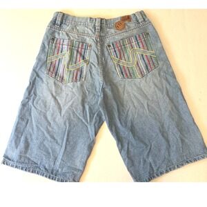 Nu Wear Mens Baggy Denim Shorts Blue Rainbow Embroidery Jorts Size 34 90s Y2K